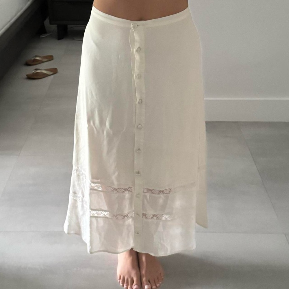Reformation Cream Button-Front Midi Skirt with Lace Insets
